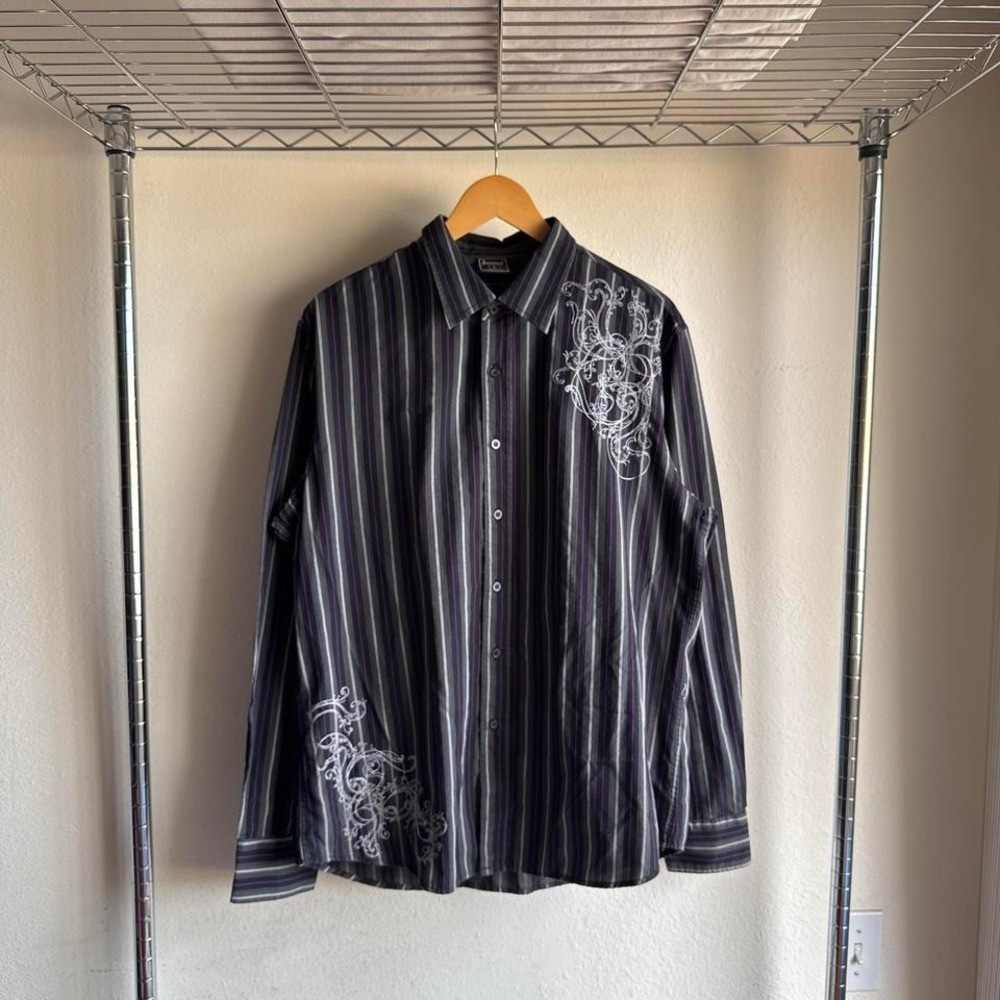 Vintage Affliction Style Irreverent Striped Button Up Long Sleeve Black Shirt